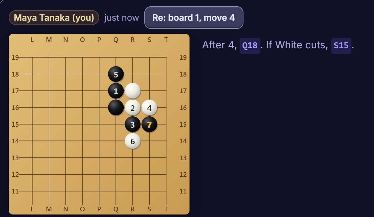 A member’s reply in a Community post: a board with a variation, and the words “After 4, Q18. If White cuts, S15.”